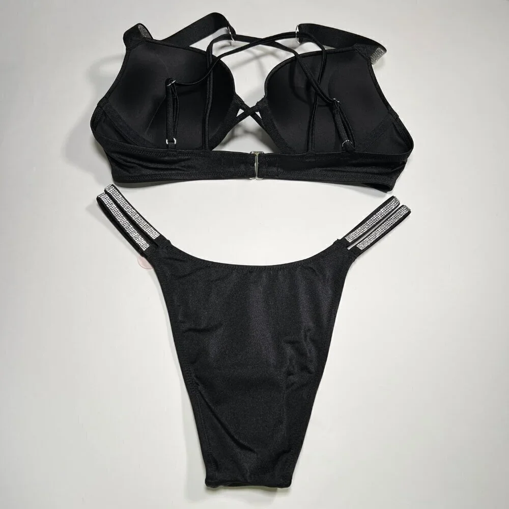 Victoria Secret 34A S Bombshell Push Up Bikini Top Set Glam Shine Strap Black